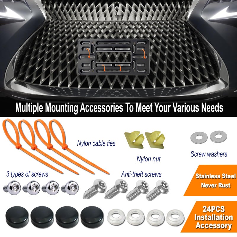 Aootf Front License Plate Bracket- Universal Bumper Mounting Kit, Car Tag Holder Adapter & Black Aluminum Plate Cover, Anti-Theft Lock Screw Bolt Caps, For US Vehicle Trailer Truck - Image 5